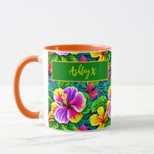 Taza Añadir nombre texto tropical hibiscus flor jungla