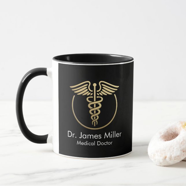 Taza Añadir su nombre símbolo médico de Caduceus Oro ne (Con donut)