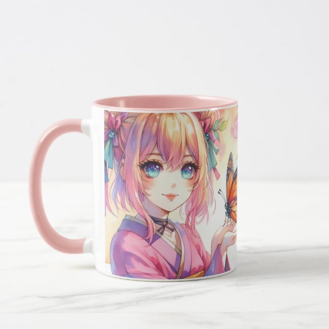 Taza Anime Chica sostiene una mariposa (Izquierda)