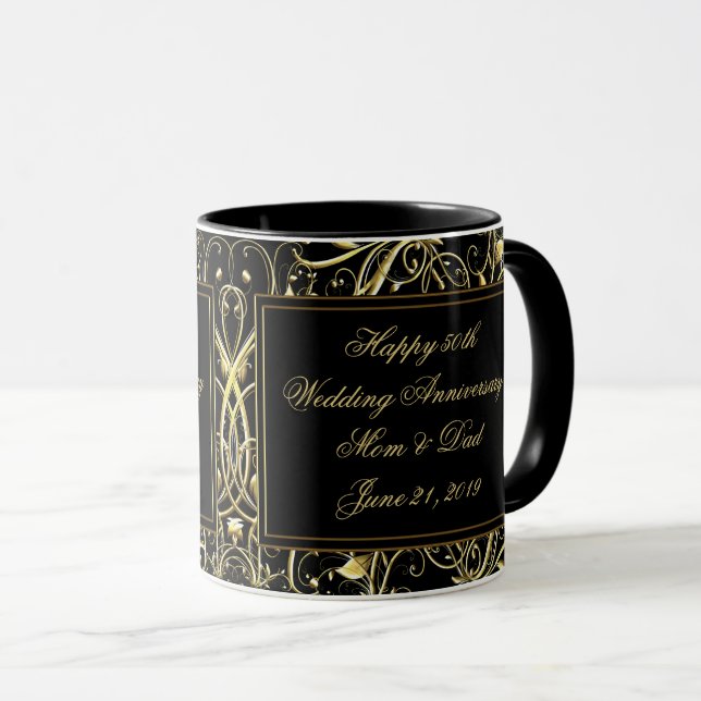 Taza Aniversario de boda negro del Flourish 50.o del (Anverso derecho)