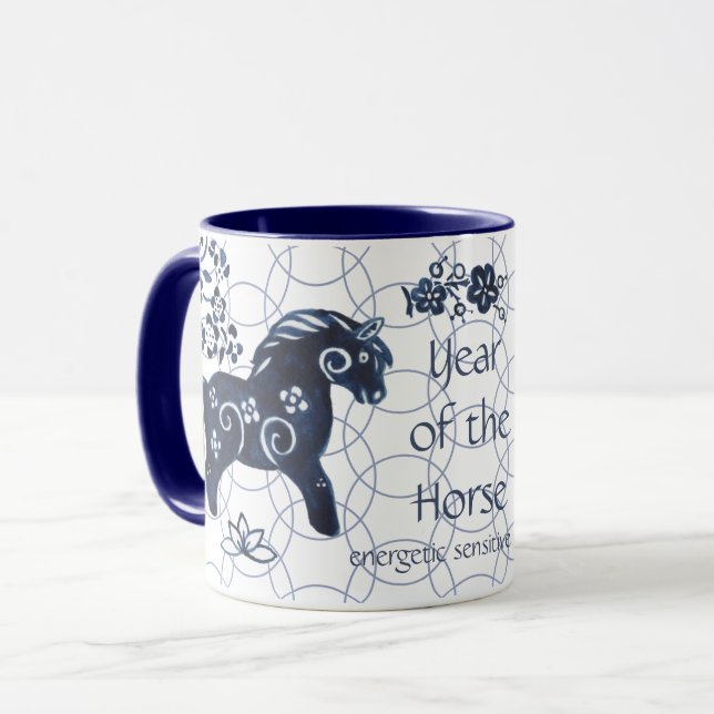 Taza Año Nuevo Chino Artístico Zodiaco Azul de Caballo (Anverso izquierdo)