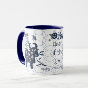 Taza Año Nuevo Chino de Azul Ox Zodiaco Artístico Mod