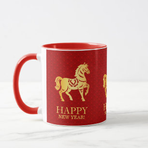 Taza Año Nuevo Lunar Chino del Caballo 2026 Rojo Dorado