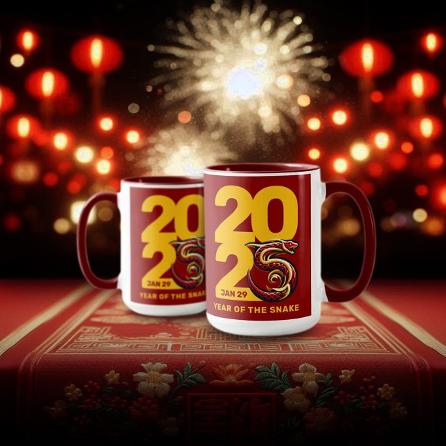 Taza Año Rojo de Oro de la Serpiente 2025 (CNY 2025 15oz Two-Tone Mugs Fireworks Lanterns Cover Photo)