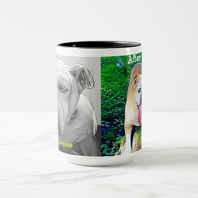 Taza Antes del café, después del café, bulldog feliz y  (Centro)