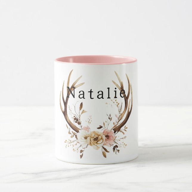 Taza Antillas de ciervos florales blancos personalizada (Centro)