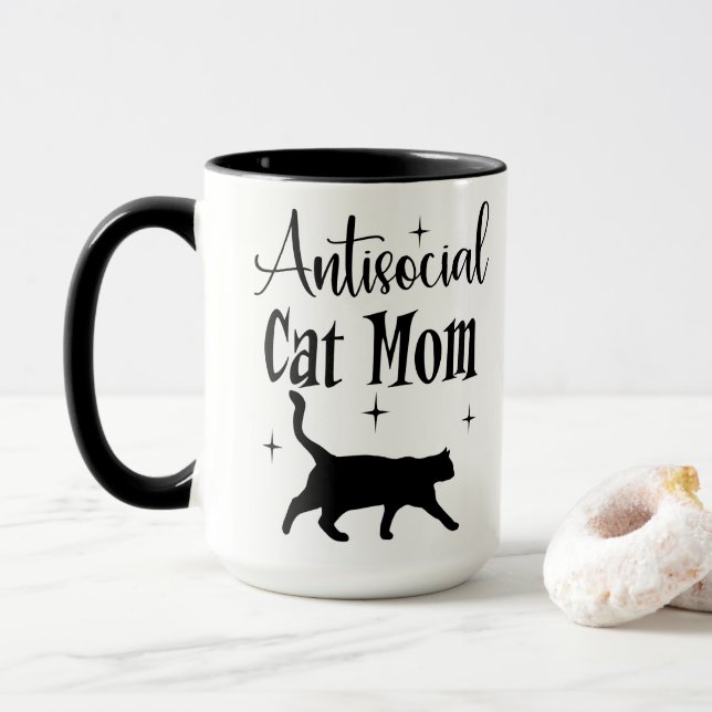 Taza Antisocial Cat Mom Black Cat Stars Funny Sarcastic (Con donut)