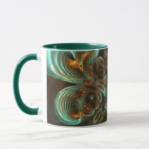 Taza Aqua Green & Gold & Spiral Fractal Art