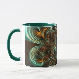 Taza Aqua Green & Gold & Spiral Fractal Art