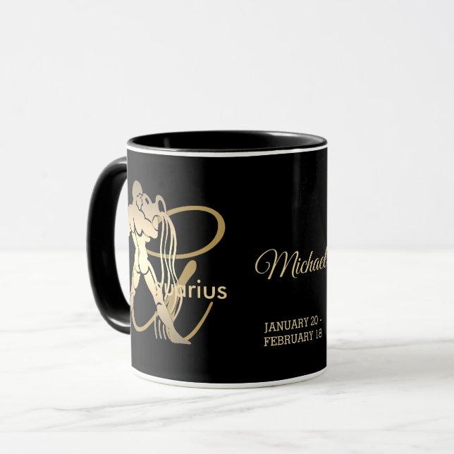 Taza Aquarius ♒ Zodiac Rótulo de cumpleaños / Negro y O (Anverso izquierdo)