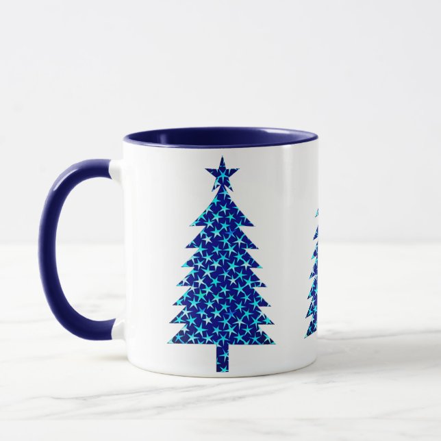Taza Árbol azul profundo de Navidad con estrellas (Izquierda)