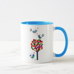 Taza Árbol botón y pájaros azul