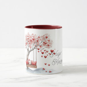 Taza Árbol de corazones rojos columpio abrazos besos