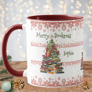 Taza Árbol de libros personalizado con patrón de copos 