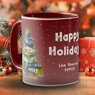 Taza Árbol de Navidad acuarela Merry Jolly Happy Family