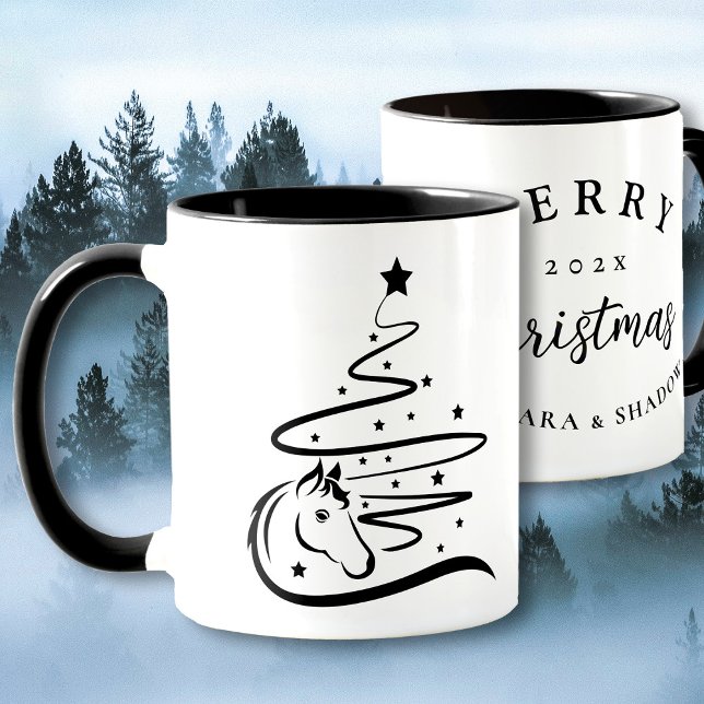 Taza Árbol de Navidad ecuestre negro y blanco (Horse Christmas tree mug, vector art. )