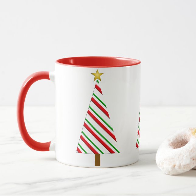 Taza Árbol de Navidad moderno de franjas rojas y verdes (Con donut)