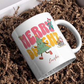Taza Árbol de Navidad Retro Rosa Merry Bright Nombre pe