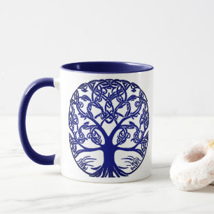 Taza Árbol de nudo celta azul en blanco
