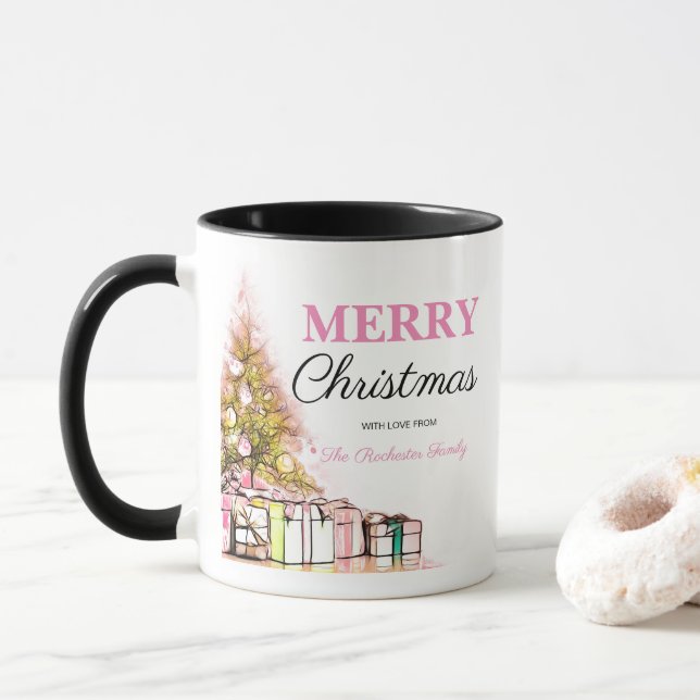 Taza Árbol de vacaciones rosa lindo Feliz fiesta navide (Con donut)