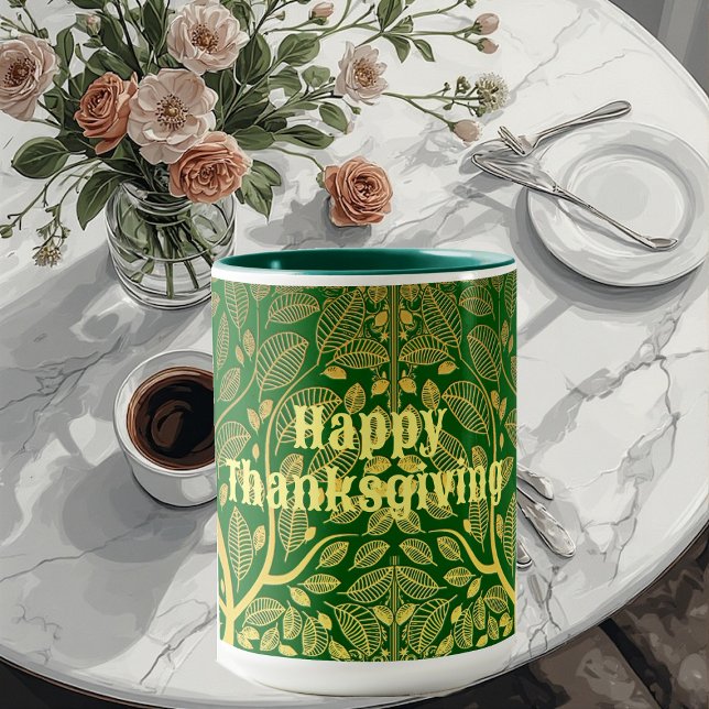 Taza Árbol Dorado De La Vida Feliz Caída Verde Del Día  (Golden Tree Of Life Happy Thanksgiving Green Fall Mug)