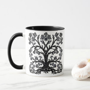 Taza Árbol floral de la vida en negro sobre blanco