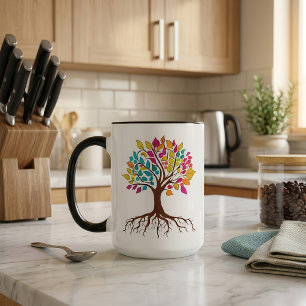 Taza Árbol vibrante de la vida: Raíces y hojas colorida