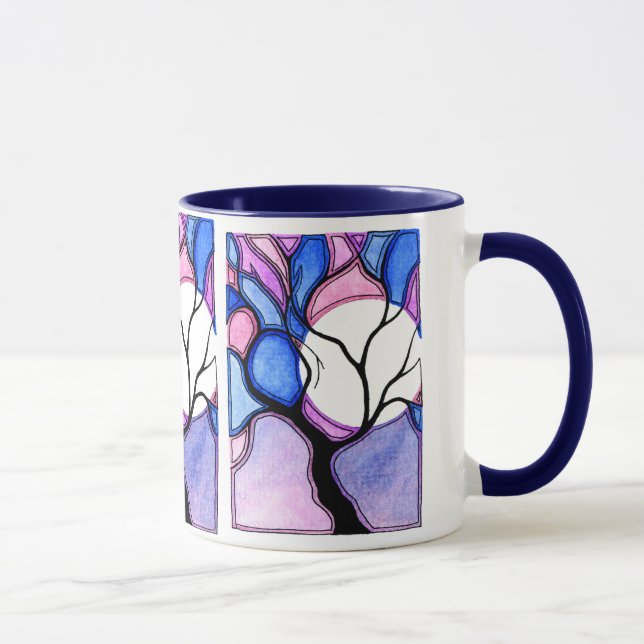 Taza Árbol y luna de la acuarela - azul y rosa (Derecha)