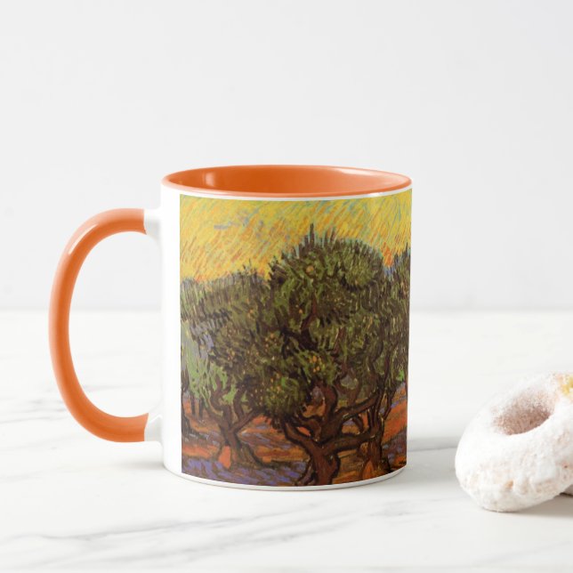 Taza Arboleda de olivos, cielo anaranjado de Vincent va (Con donut)