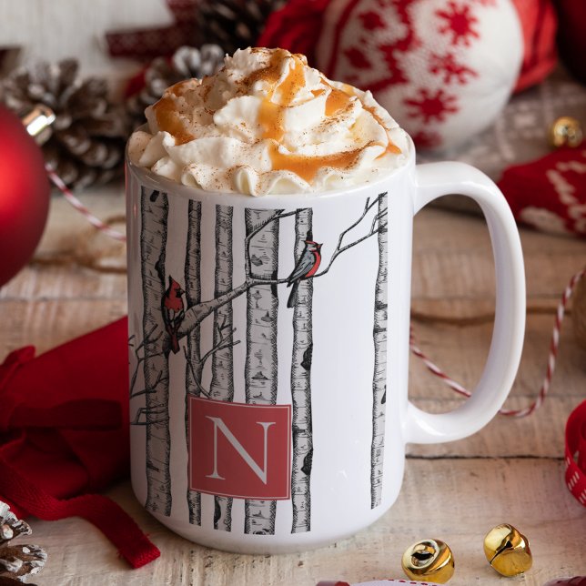 Taza Árboles de aves monogramadas y pájaros cardenales  (Festive & Modern Monogrammed Mug Featuring Red Cardinal Birds on Birch Branches, Hand Drawn in Ink.)
