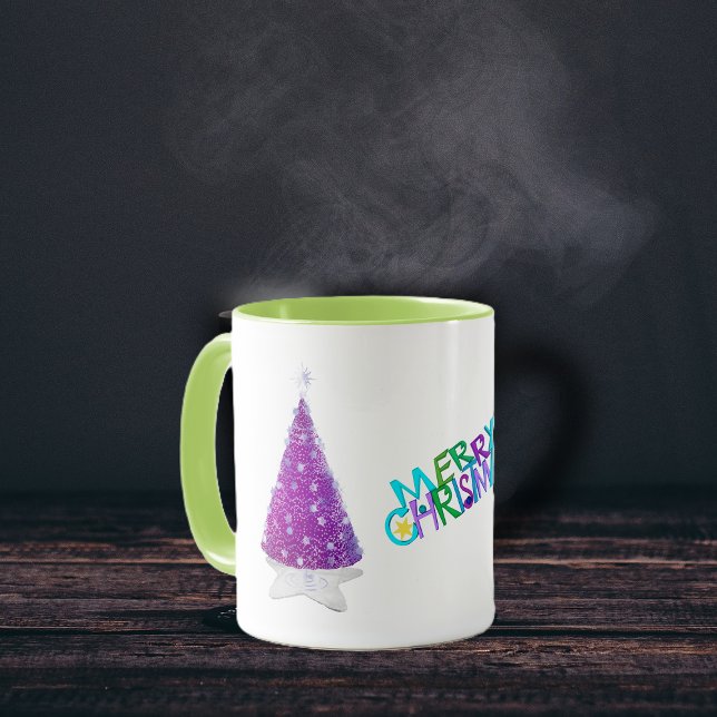 Taza Árboles de Navidad rosa brillo plateado (Merry Christmas pink trees on star rug silver star decorations on holiday coffee mug.)