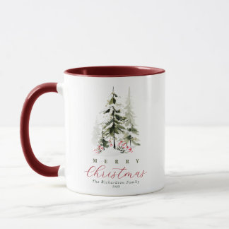 Taza Árboles de Pino Acuarela Rústica Navidad Personali