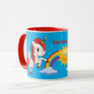 Taza Arcoiris y sol de unicornio rojo curado personaliz