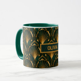 Taza Art Deco Emerald Green Gold Fan Custom Name