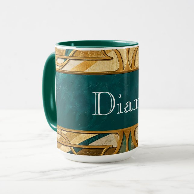 Taza Art Deco Green and Gold Stripes Personalized (Anverso izquierdo)