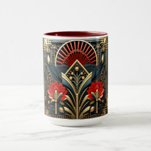 Taza Art Deco Negro Rojo Dorado Abstracto