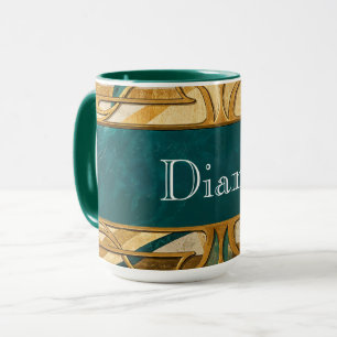 Taza Art Deco Verde y Rayas Doradas Personalizado