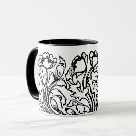 Taza Art Nouveau amapola floral blanco negro elegante