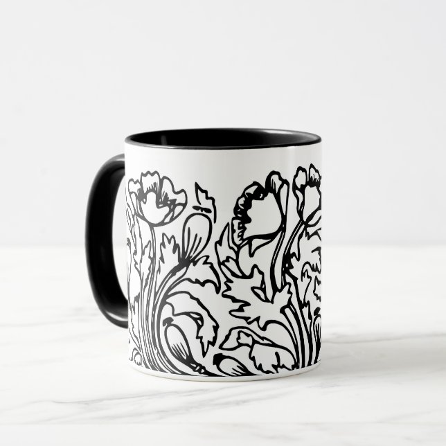 Taza Art Nouveau amapola floral blanco negro elegante (Anverso izquierdo)
