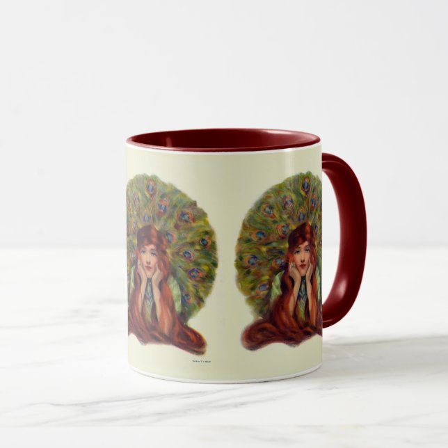 Taza Art Nouveau deco elegante plumas de pavo real (Anverso derecho)