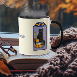 Taza Art Nouveau Gato Negro Calabaza Púrpura Otoño Amar