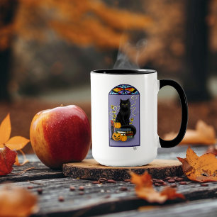 Taza Art Nouveau Gato Negro Calabaza Púrpura Otoño Amar