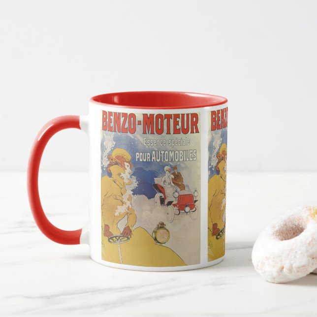 Taza Art Nouveau vintage, Benzo Moteur por Jules Cheret (Con donut)