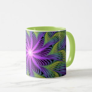 Taza Arte abstracto fractal moderno de flor verde púrpu