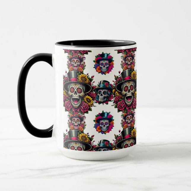 Taza Arte de Cráneo de Azúcar -Top Hat Floral Fiesta (B (Izquierda)