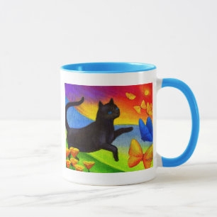 Taza Arte de las mariposas de la pintura del gato negro