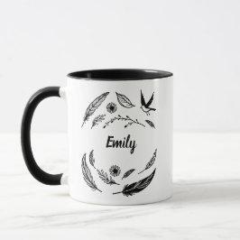 Taza Arte de línea con pluma, pájaro y hojas con nombre