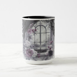 Taza Arte de Marco de Encaje de Rosa Púrpura de Ventana
