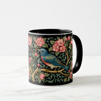 Taza Arte de pintura floral de pájaros azules al estilo