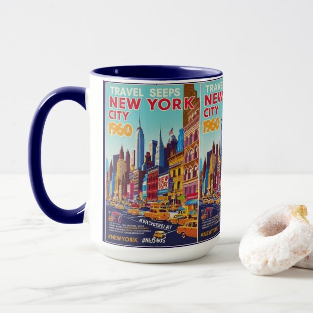 Taza Arte de viajes Retro NYC | Diseño vibrante de líne (Con donut)